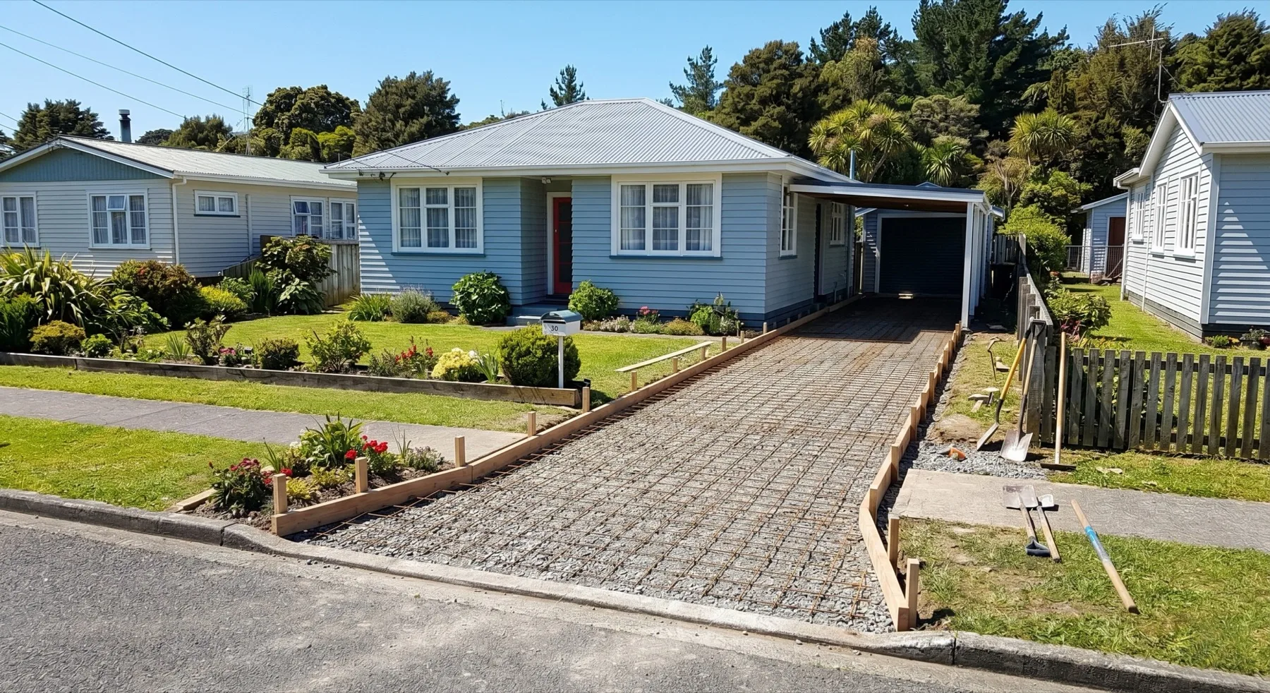 New concrete driveway boxed and reinforced, ready to pour
