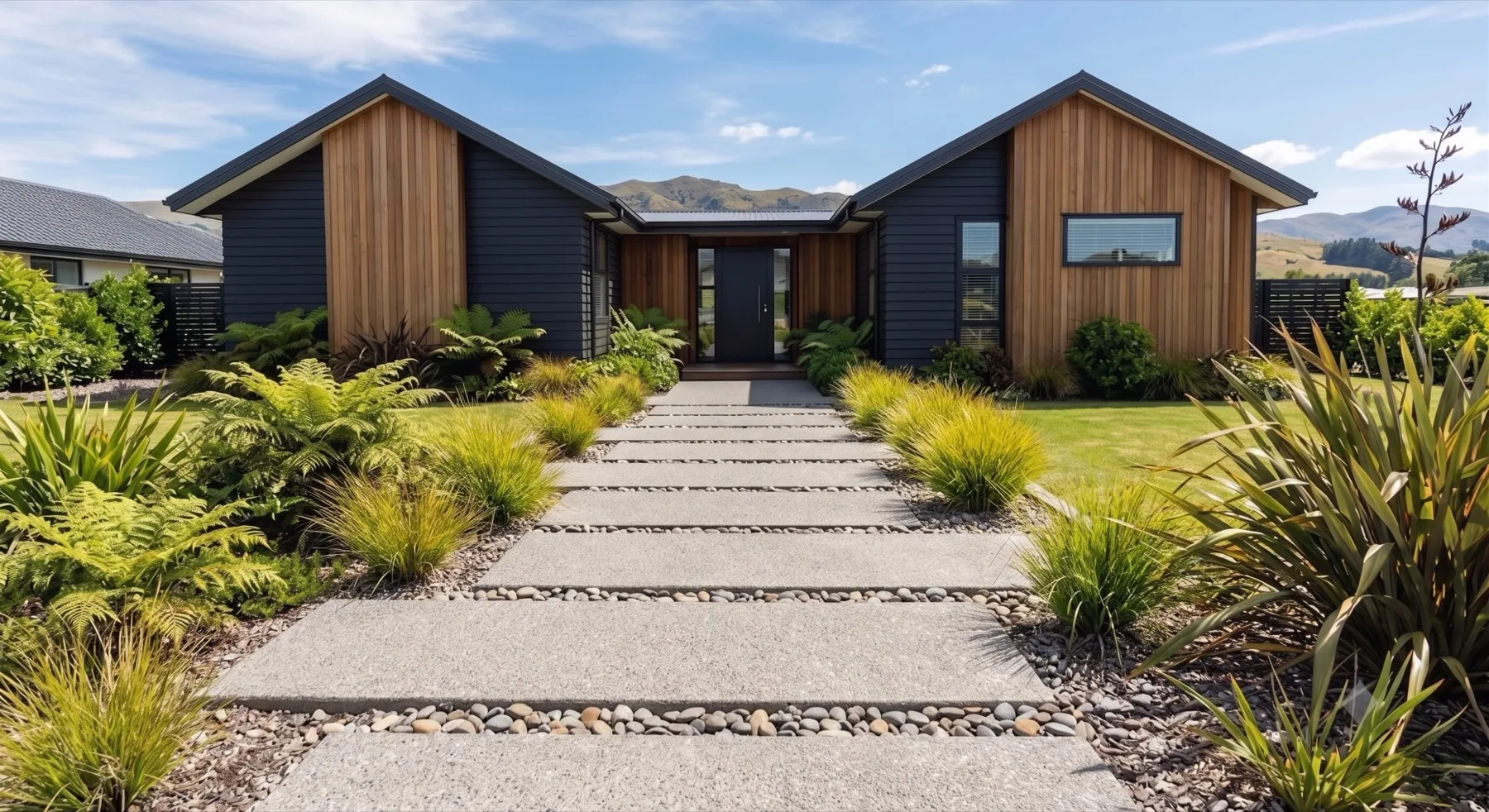 Modern Canterbury home with a landscaped concrete plank path
