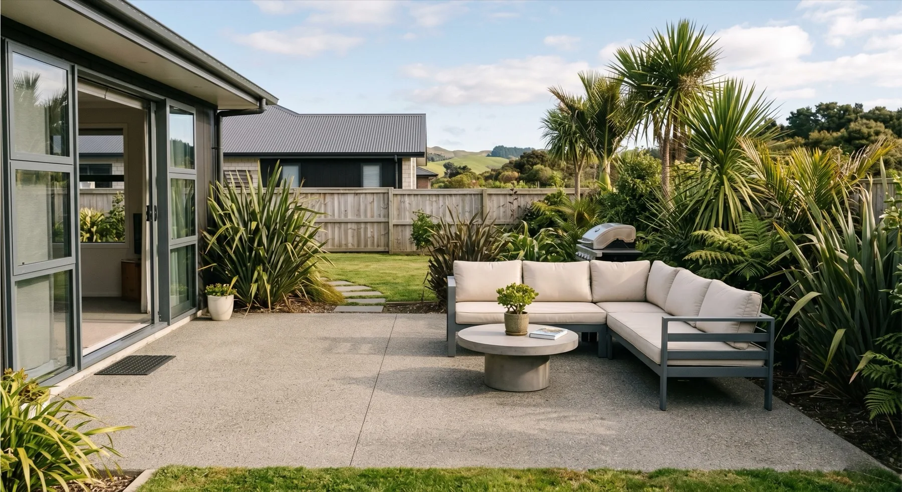 Exposed aggregate concrete patio with outdoor furniture