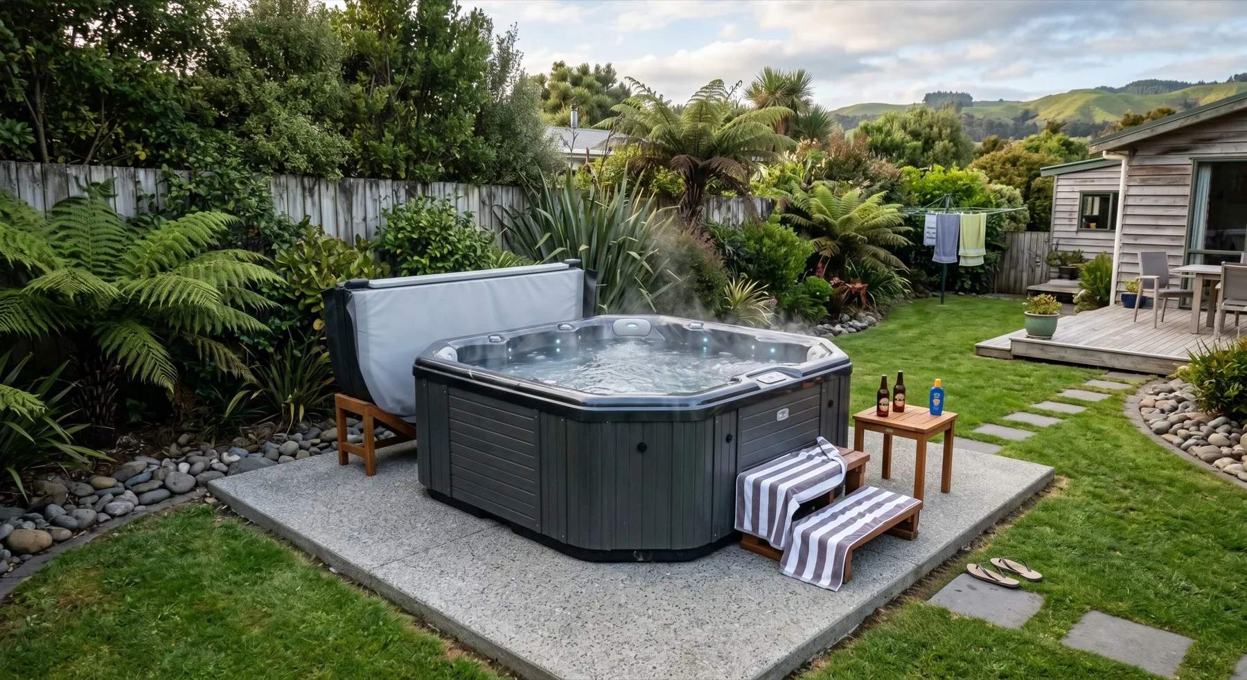 Concrete spa pad set into a landscaped garden